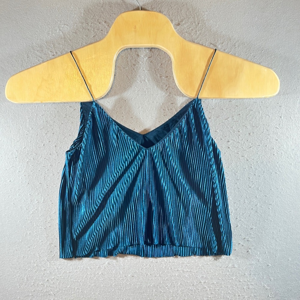 1209 | Silence + Noise Anthro Pleated Metallic Teal Shimmer Crop Top Camisole XS - Picture 2 of 9